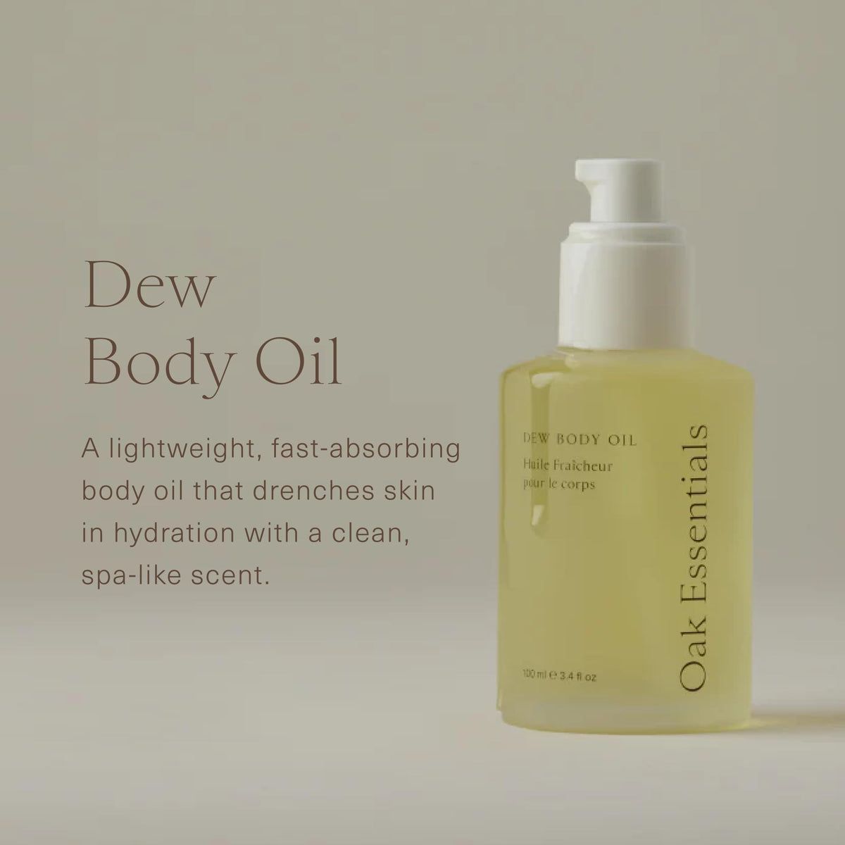 Oak Essentials Dew Body Oil dispenser pump demonstrates easy, mess-free application.