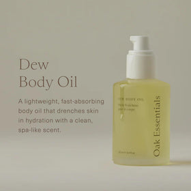 Oak Essentials Dew Body Oil dispenser pump demonstrates easy, mess-free application.