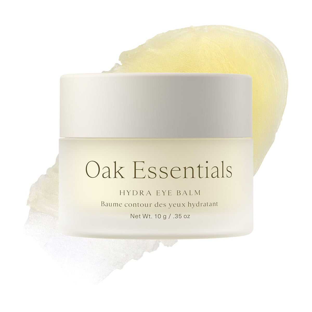 Oak Essentials Hydra Eye Balm bottle close-up highlighting a rich hydrating texture.