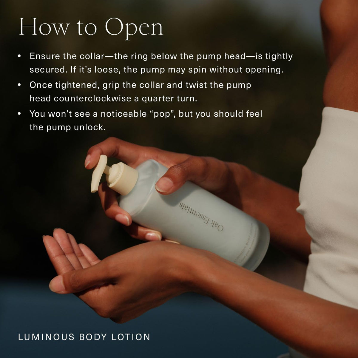 Applying Oak Essentials Luminous Body Lotion as part of a daily routine