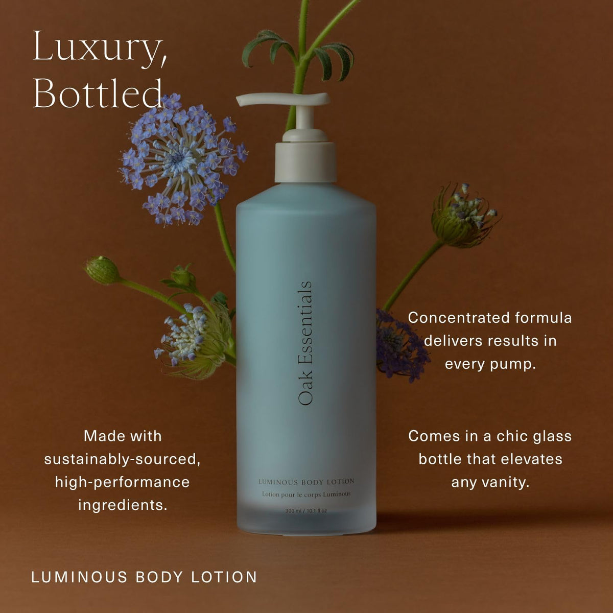 Coconut oil and Shea Butter in Oak Essentials Luminous Body Lotion provide deep hydration