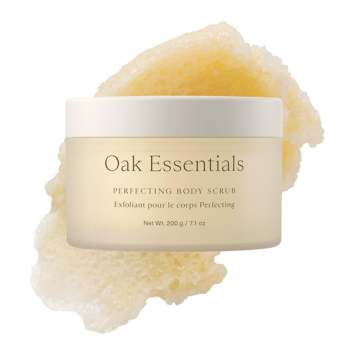 Oak Essentials Perfecting Body Scrub bottle on a bathroom shelf suggesting spa like hydration