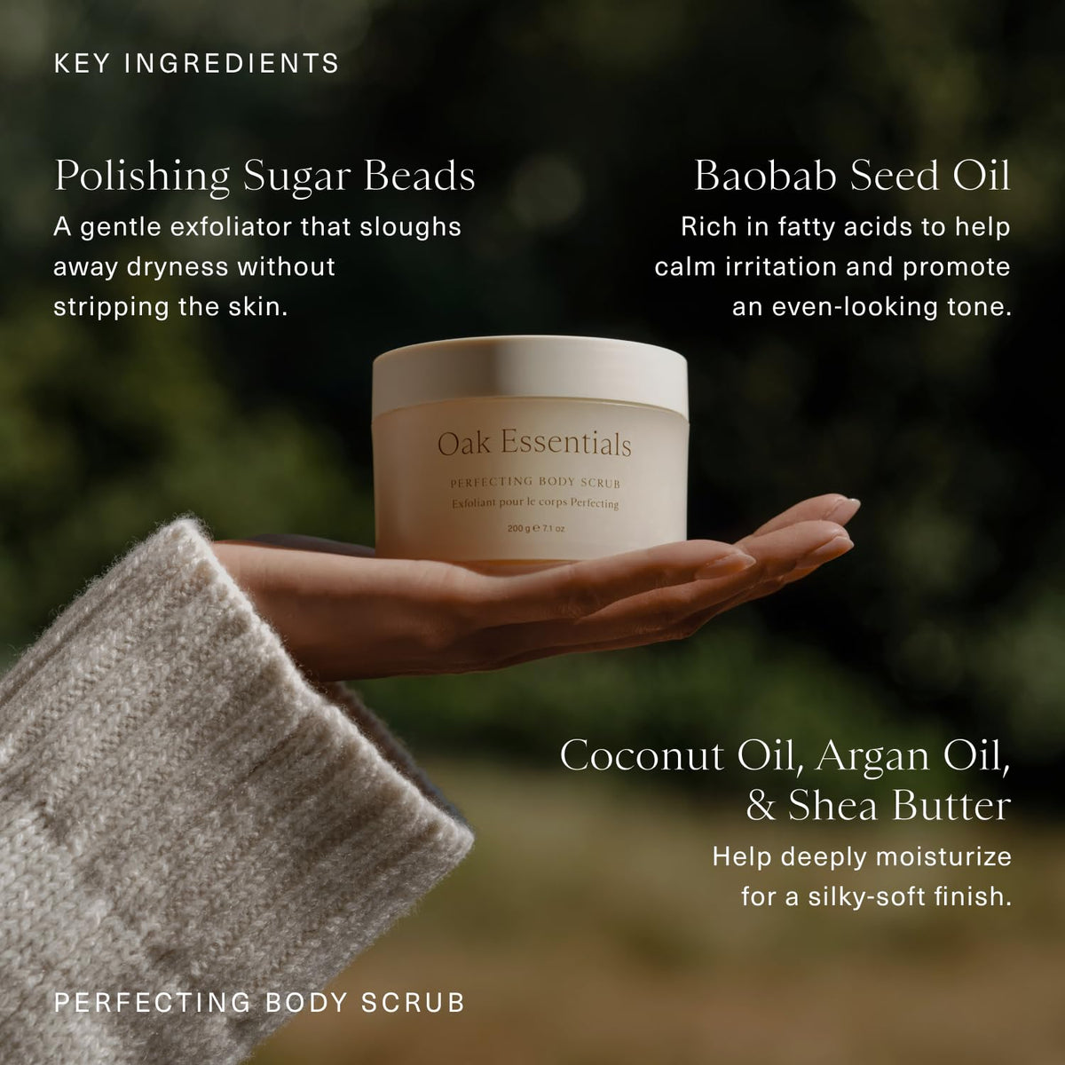 Oak Essentials Perfecting Body Scrub coconut oil pour emphasizing moisturizing feel