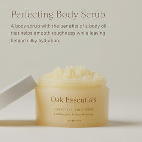 Oak Essentials Perfecting Body Scrub jar close-up showing creamy texture for silky skin