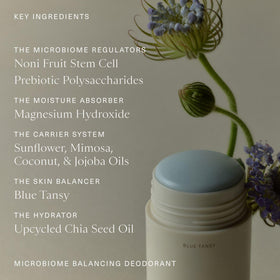 Oak Essentials Upcycled chia seed oil label signaling gentle hydration for underarms.
