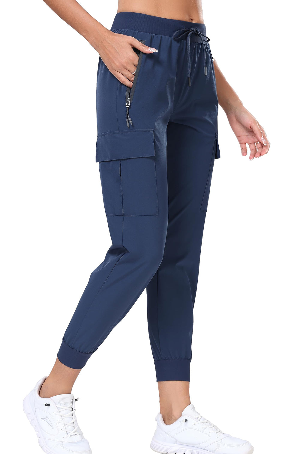 Oalka women's cargo hiking pants front view with streamlined fit for outdoor adventures.