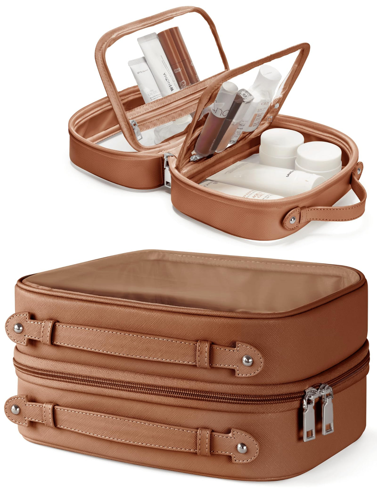 Oaque clear cosmetic bag with double-layer design for organized travel packing.