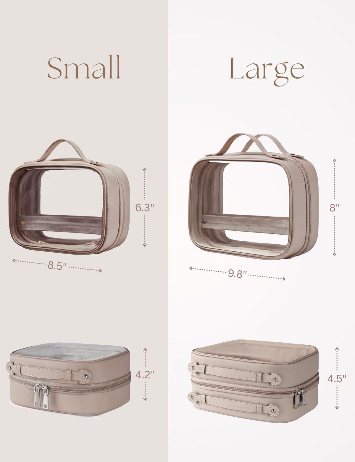 Oaque clear cosmetic bag interior layout with four compartments for skincare and makeup.