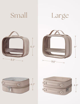 Oaque clear cosmetic bag interior layout with four compartments for skincare and makeup.