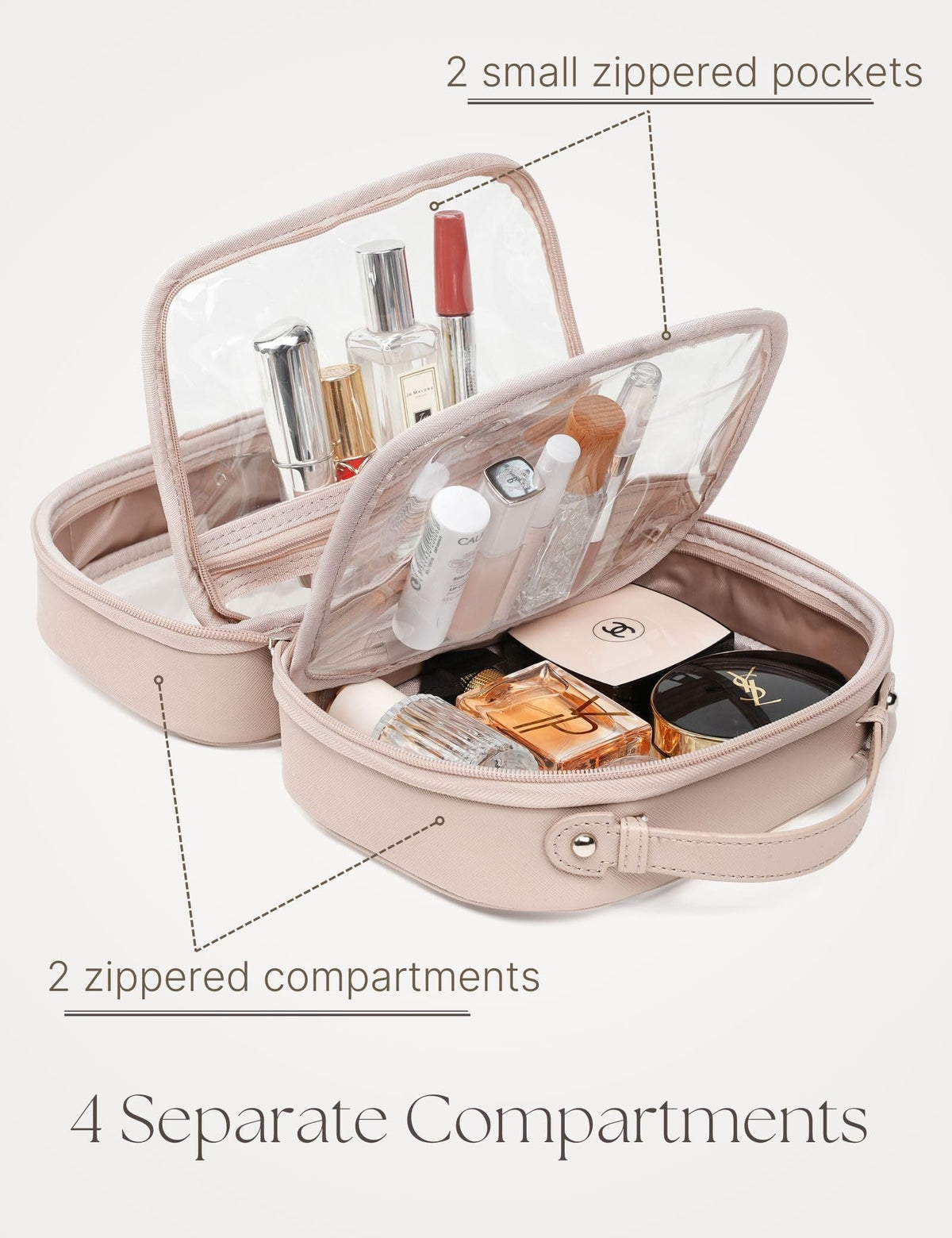 Oaque clear cosmetic bag open compartments reveal organized space for cosmetics.