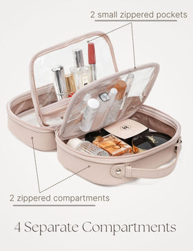 Oaque clear cosmetic bag open compartments reveal organized space for cosmetics.
