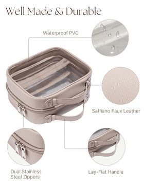 Oaque clear PVC and saffiano leather detailing adds durability and easy cleaning.