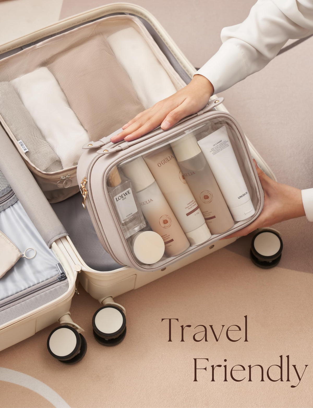 Oaque travel bag dimensions 9.8 by 8 by 4.5 inches fit in luggage.