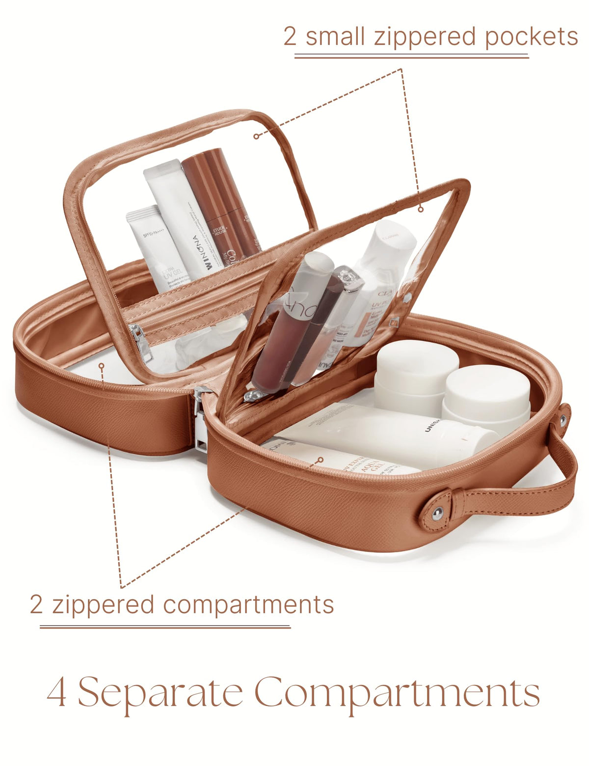 Oaque two large zippered compartments for skincare and makeup on the go.
