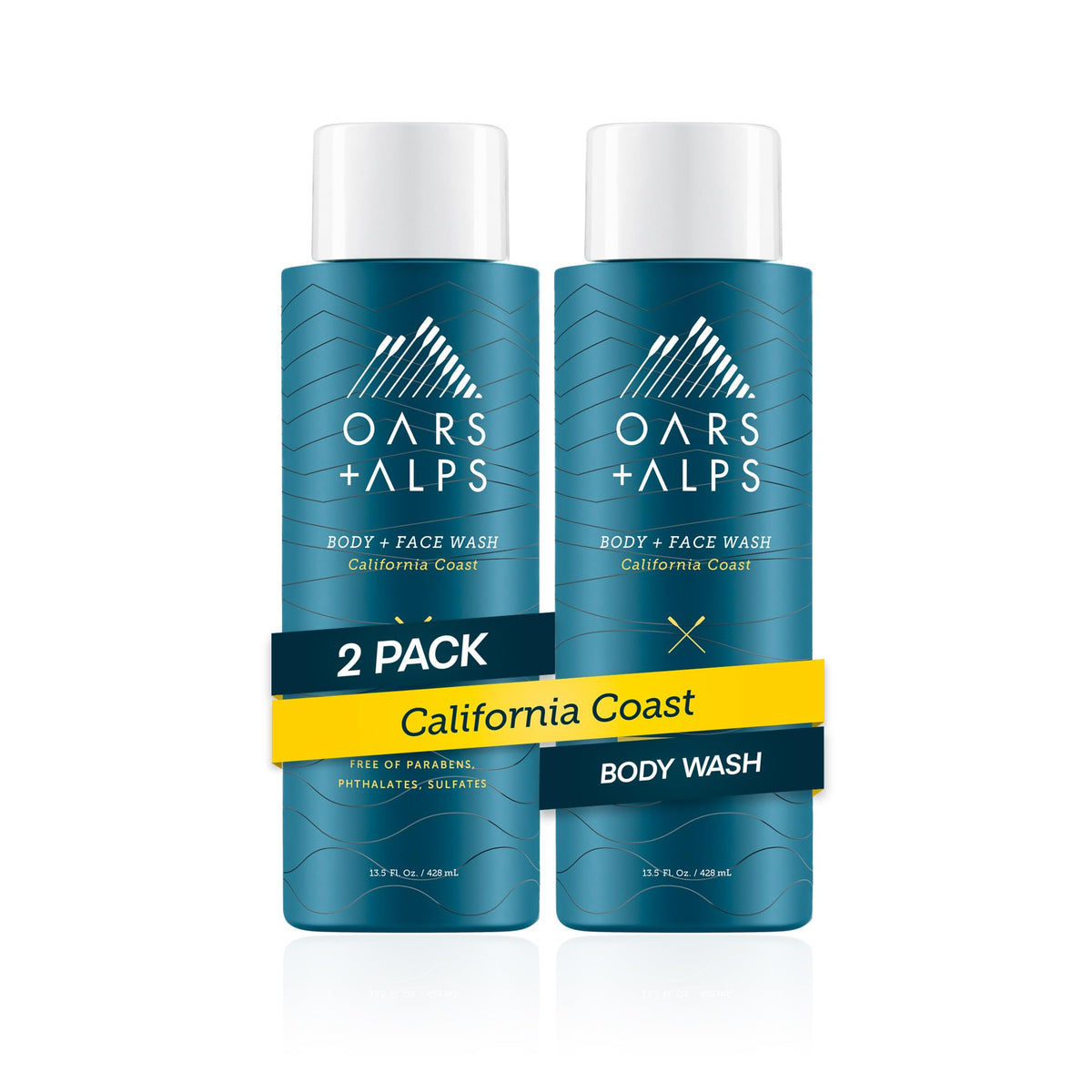 Oars + Alps body wash bottle pouring with California Coast scent for refreshing cleanse