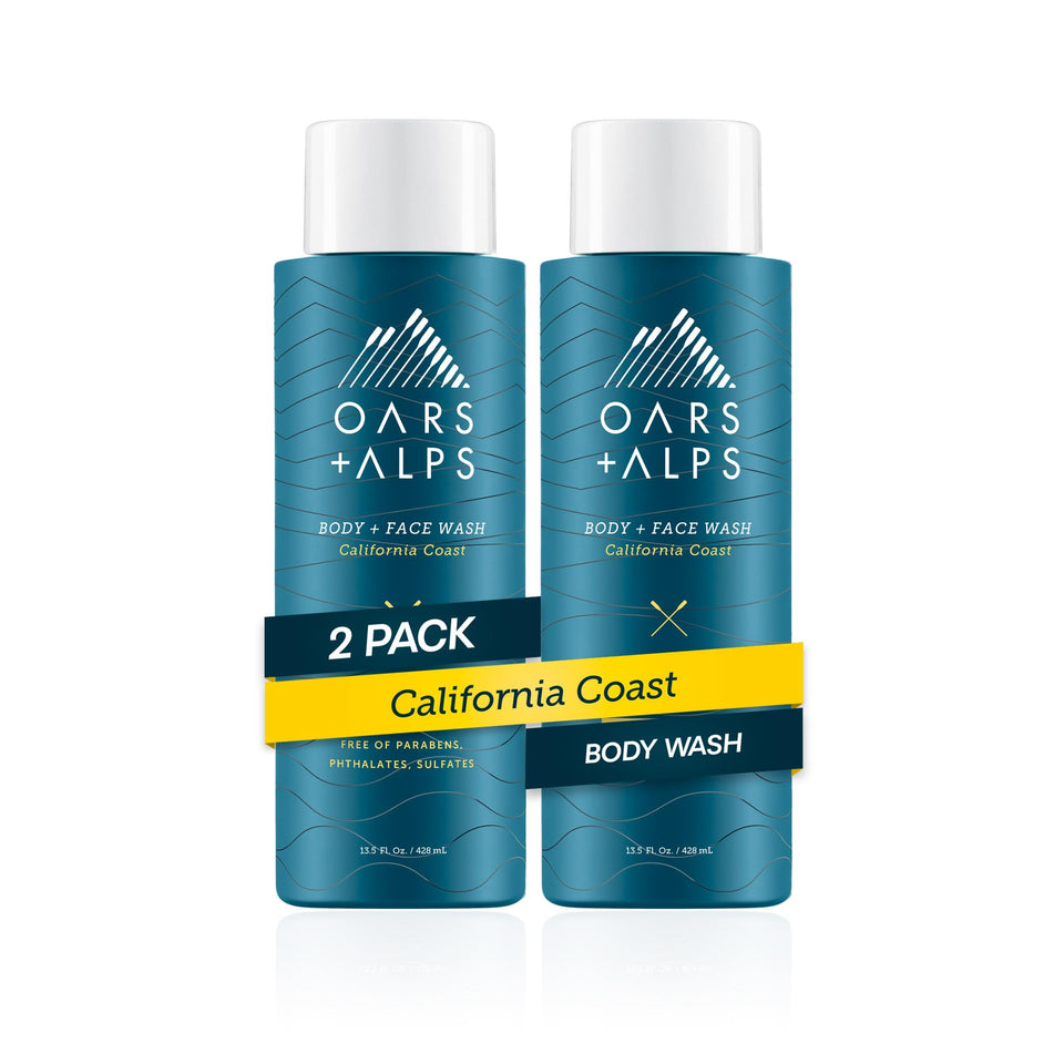 Oars + Alps body wash bottle pouring with California Coast scent for refreshing cleanse