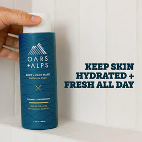 Oars + Alps Body Wash California Coast label closeup, highlighting Vitamin E and antioxidants for skin hydration.