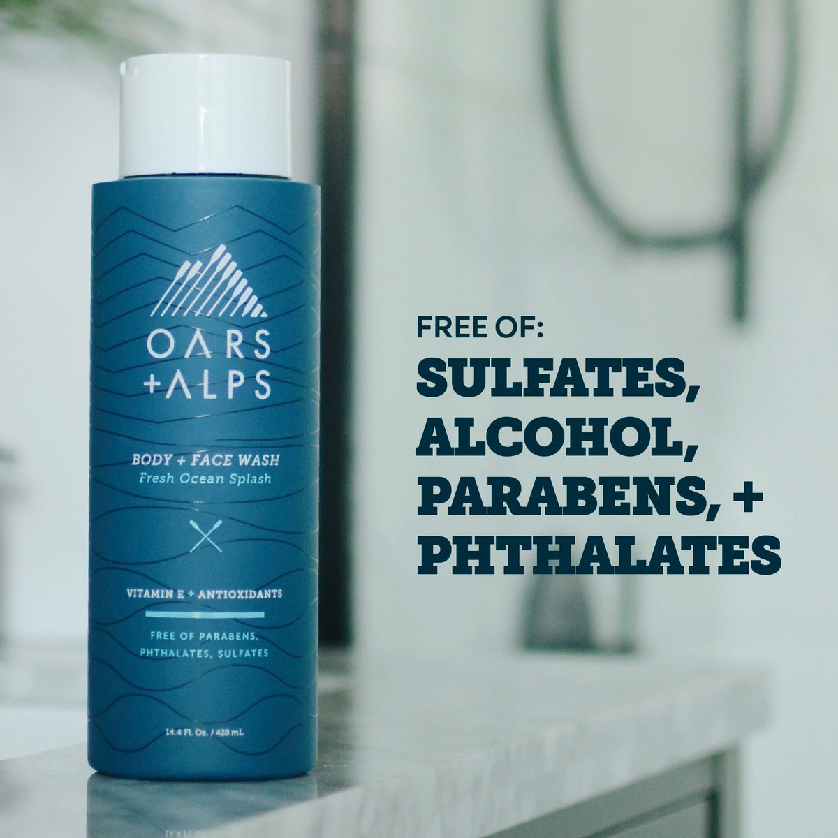 Oars and Alps body wash ingredients featuring Vitamin E