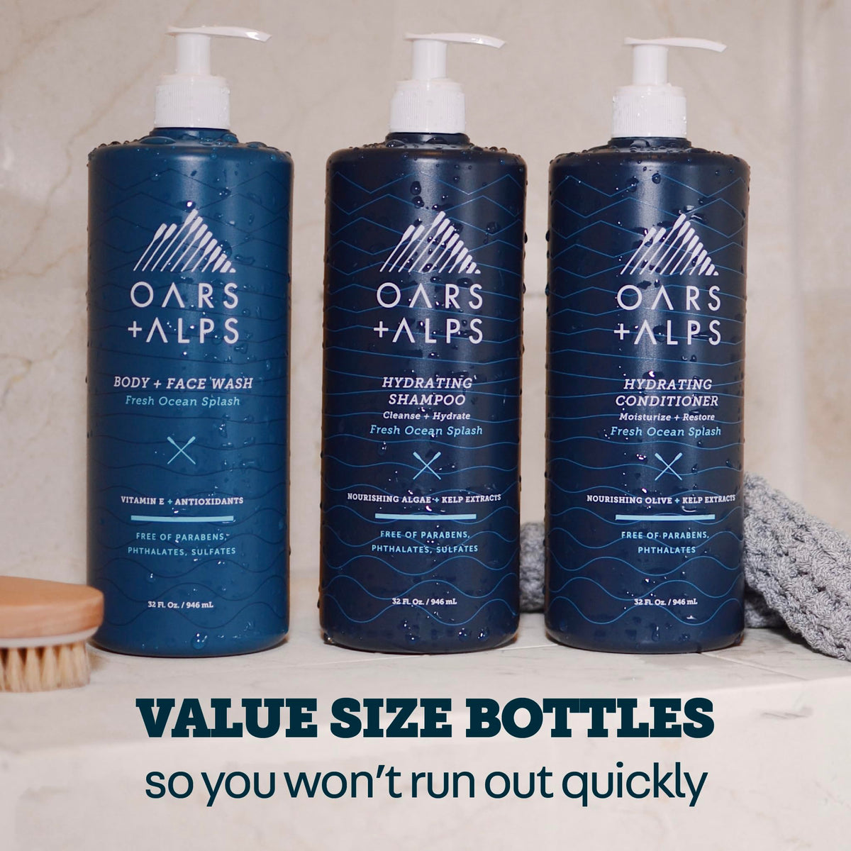Cap close-up on Oars + Alps body wash bottle.