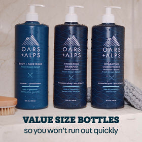 Cap close-up on Oars + Alps body wash bottle.