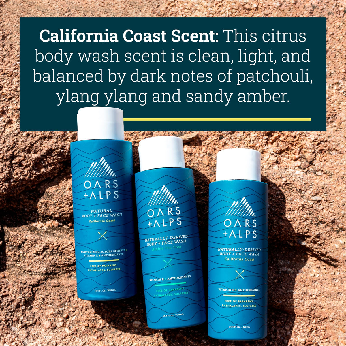 Oars + Alps Vitamin E antioxidants focus, bottle closeup shows hydrating skin benefits.