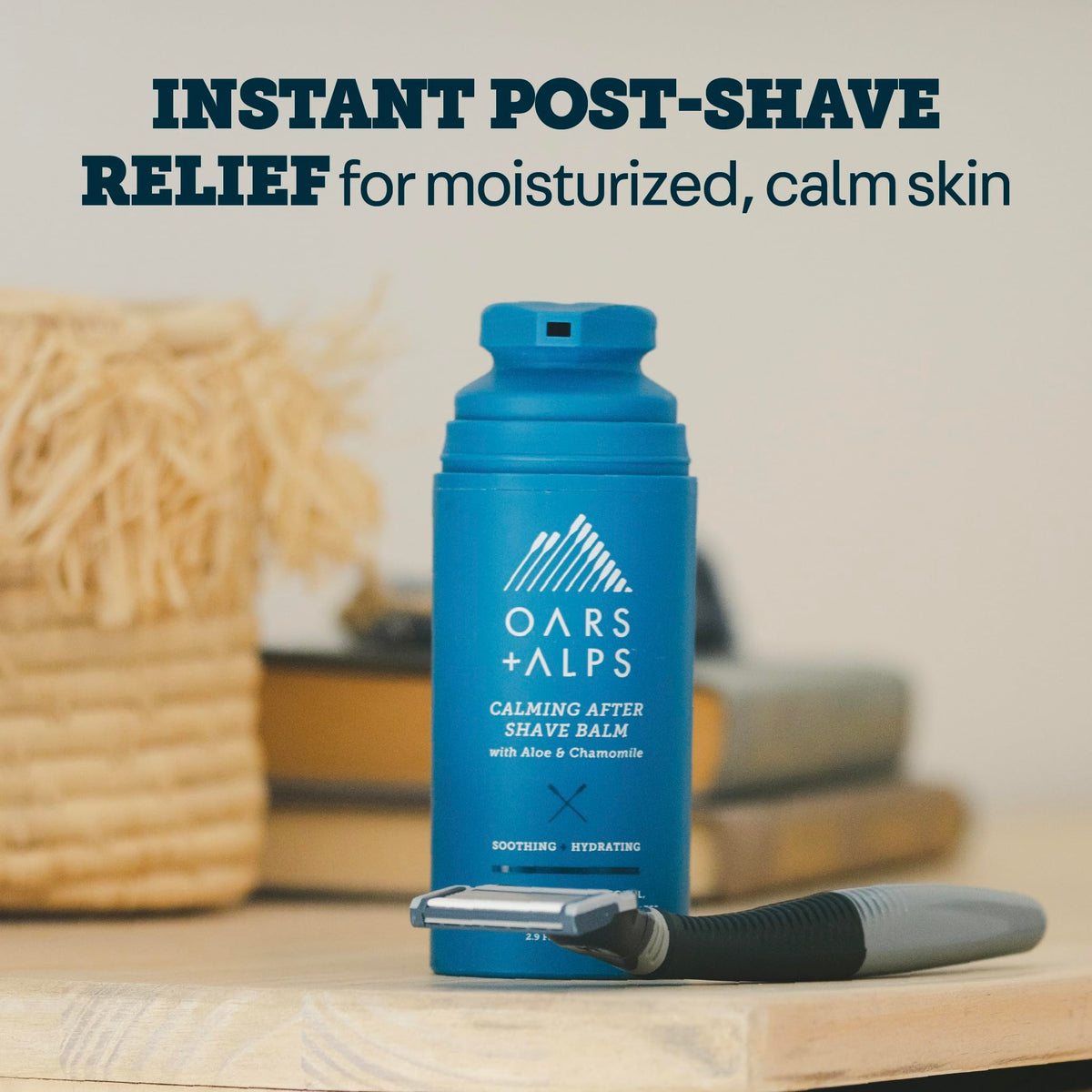 Oars + Alps Calming Aftershave Balm closeup label highlights natural aloe and chamomile.