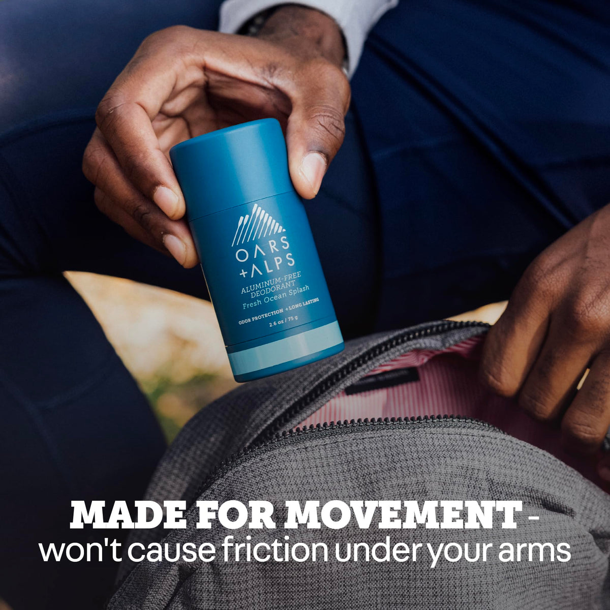 Oars + Alps deodorant smooth glide reduces friction during activities.
