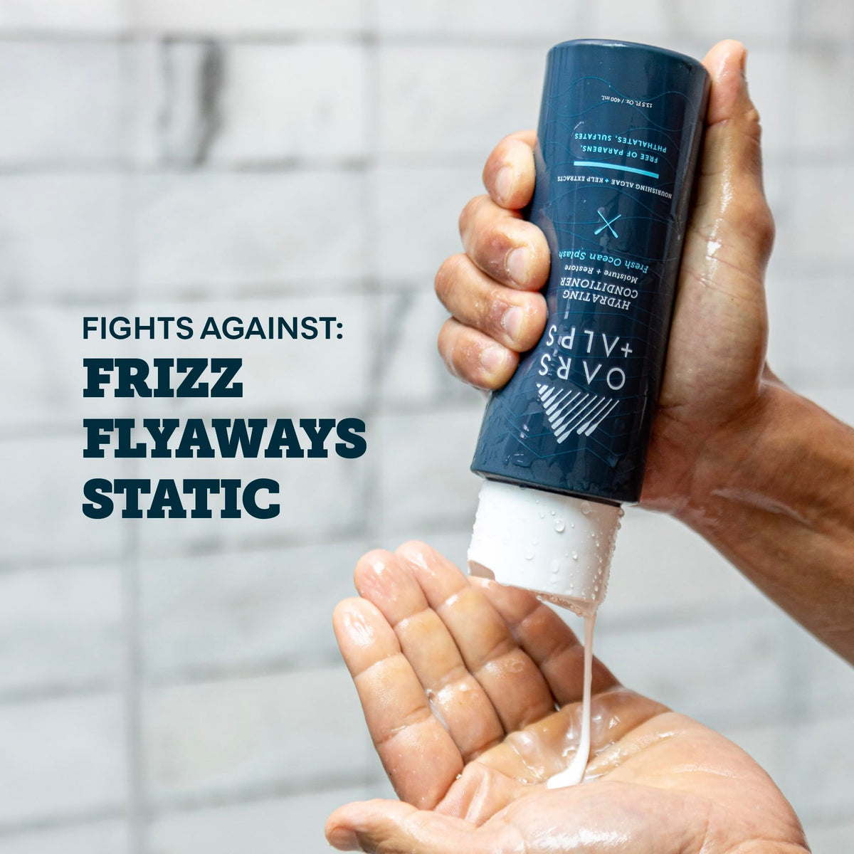 Oars + Alps Hydrating Conditioner hair-ends application, mid-lengths to ends for softness.