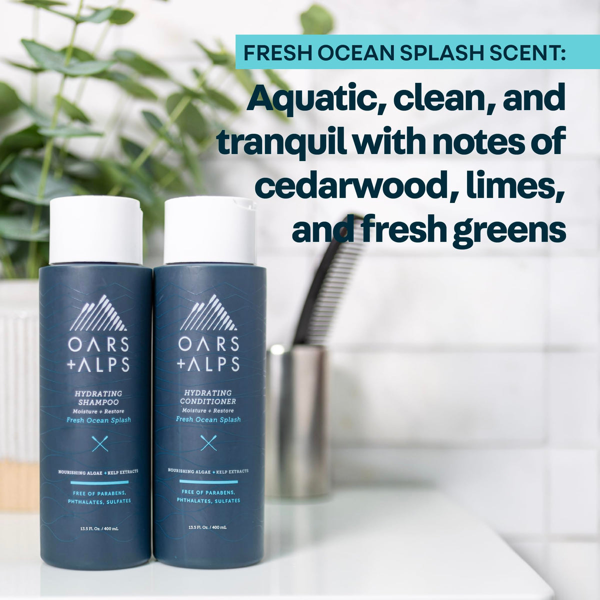 Oars + Alps Hydrating Conditioner shower scene, quick daily rinse for refreshed hair.