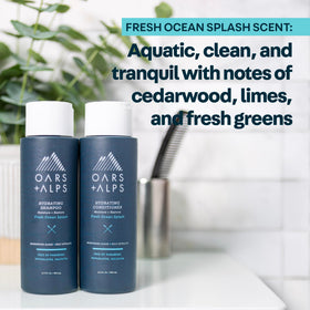 Oars + Alps Hydrating Conditioner shower scene, quick daily rinse for refreshed hair.
