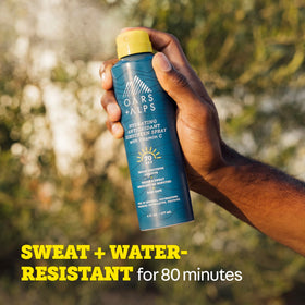 Oars + Alps lightweight spray provides UVA/UVB protection without greasy residue.