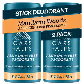 Oars + Alps Mandarin Woods deodorant bottle with clear aluminum-free protection.