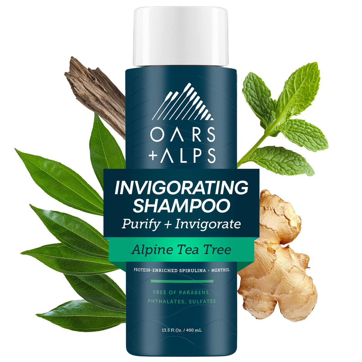 Oars + Alps men's sulfate-free shampoo bottle front for a clean, refreshed scalp.