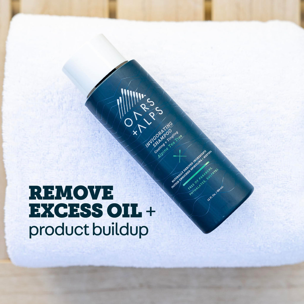 Oars + Alps shampoo lather with tea tree oil and menthol for a refreshing wash.