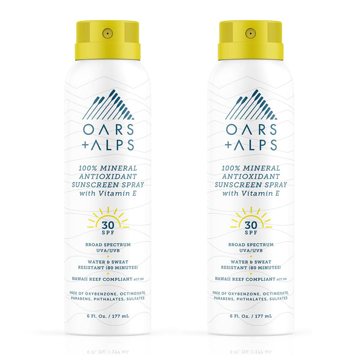 Oars + Alps mineral sunscreen spray bottle ready for quick sun protection on the go.