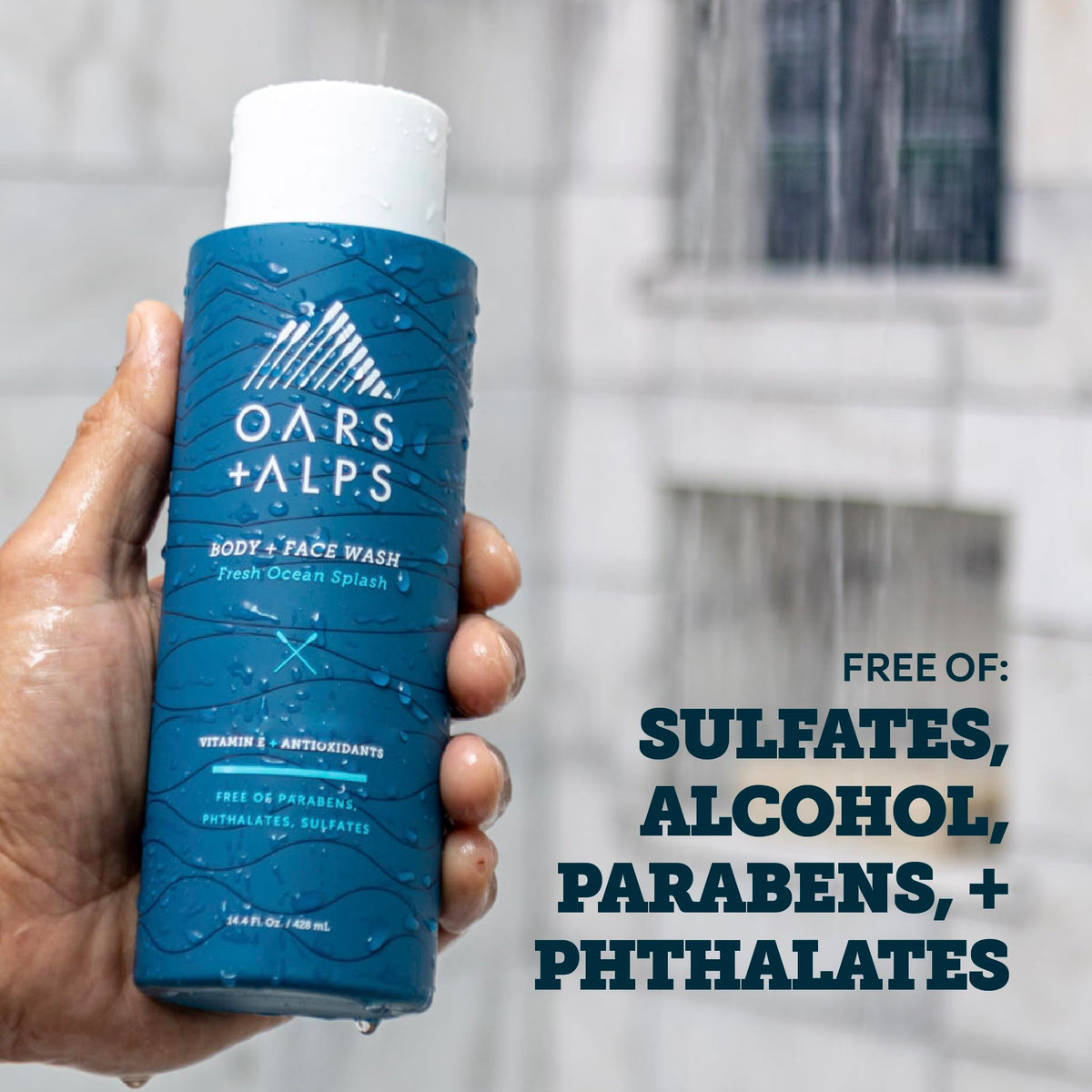 Oars + Alps body wash lather on skin illustrating rich foam and cleansing action.
