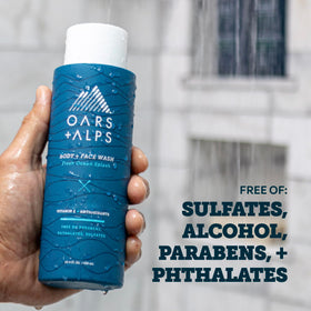 Oars + Alps body wash lather on skin illustrating rich foam and cleansing action.