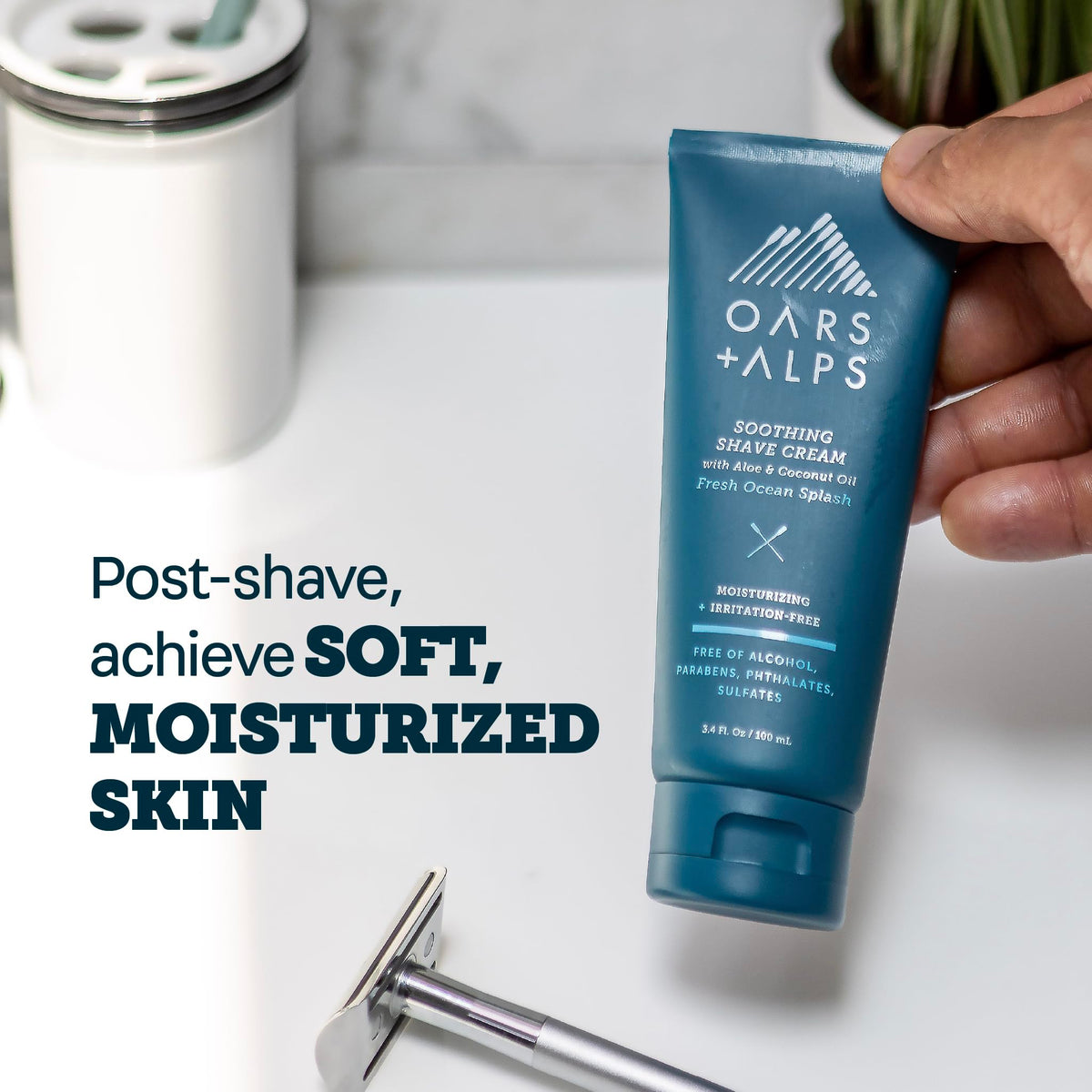 Oars + Alps label detail emphasizes vegan, cruelty-free, paraben-free ingredients.