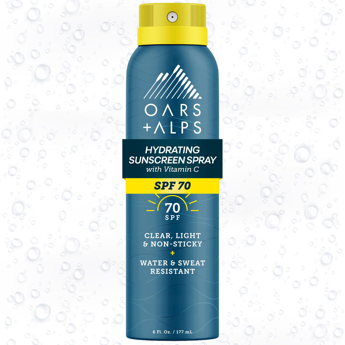 Oars + Alps SPF 70 spray bottle delivering fast-absorbing sun protection for face and body.