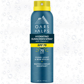 Oars + Alps SPF 70 spray bottle delivering fast-absorbing sun protection for face and body.