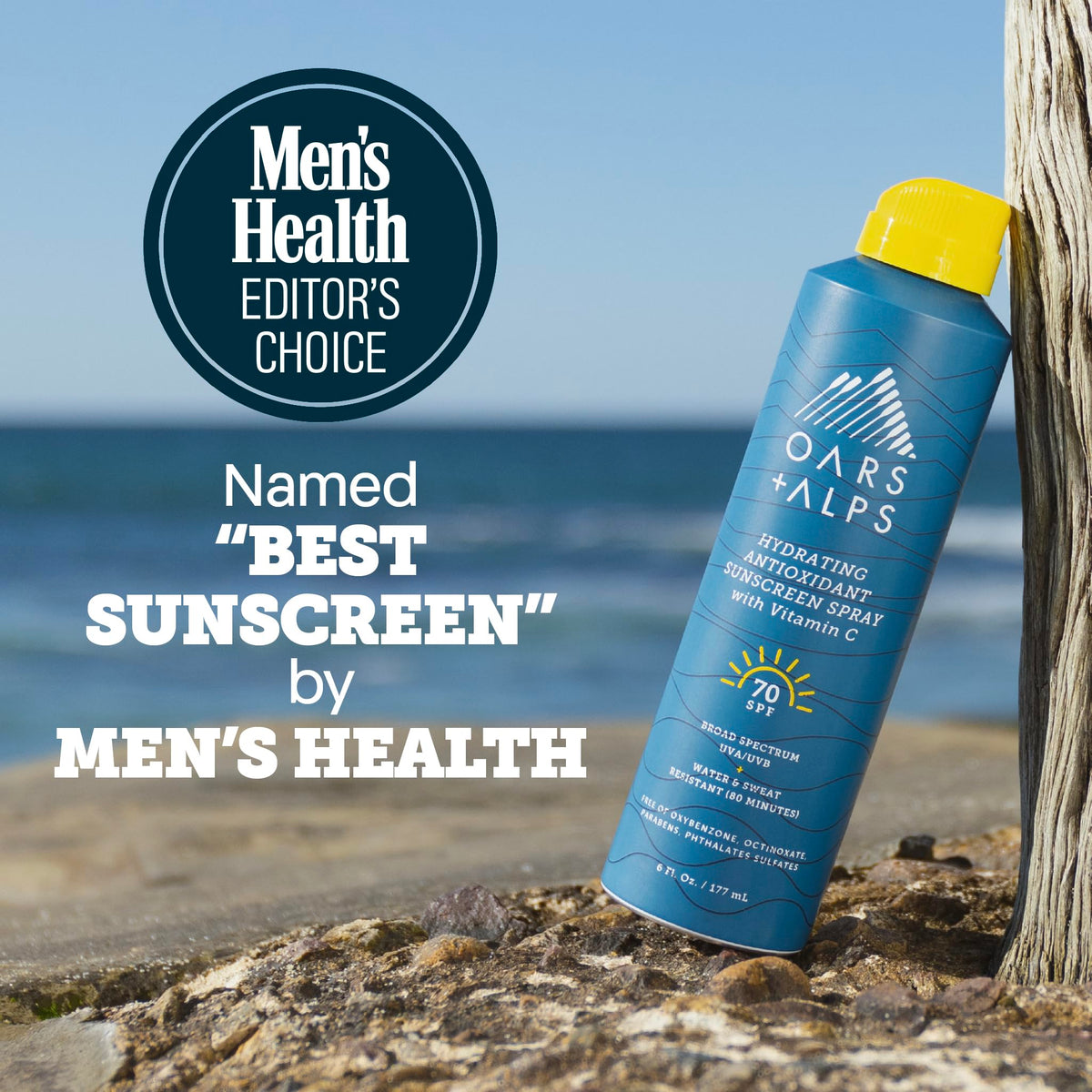 Oars + Alps SPF 70 spray applying on wet or dry skin for lasting coverage.