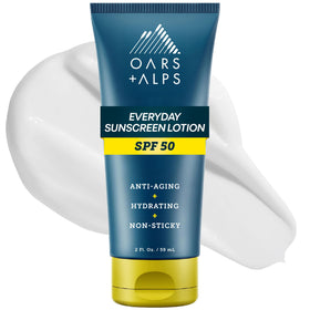 Oars + Alps sunscreen bottle with SPF 50 for daily protection.