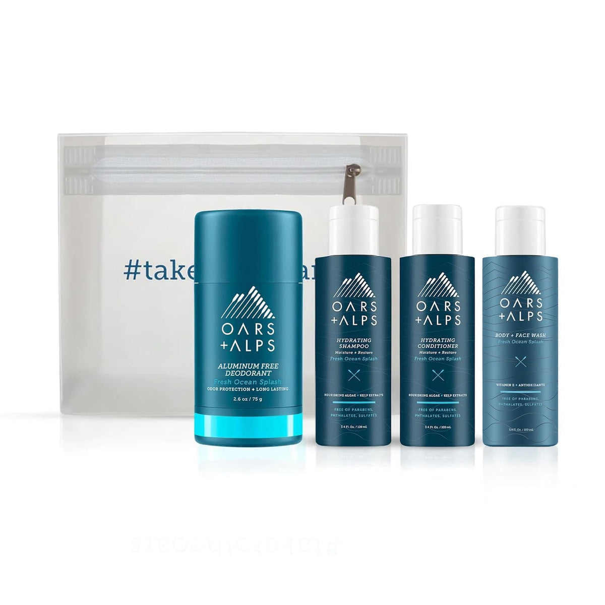 Oars + Alps travel kit pouch showcases TSA-friendly sizing for on-the-go grooming.