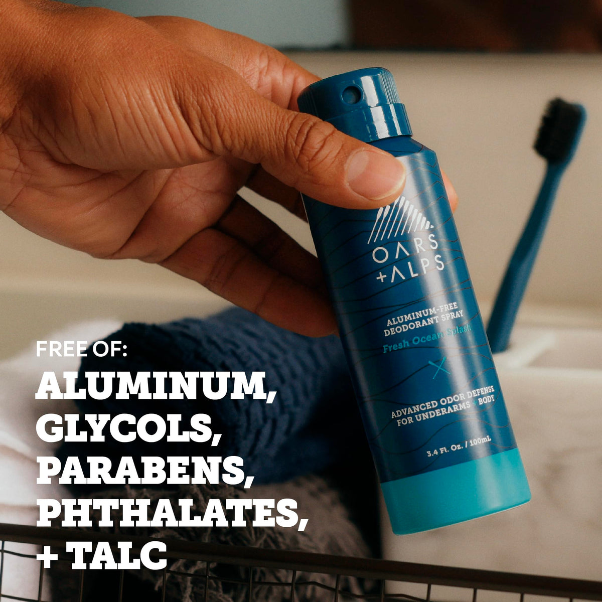 Oars + Alps travel-size deodorant spray fits in bags for on-the-go freshness.