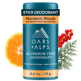 Oars + Alps Mandarin Woods deodorant bottle pack shot showing clear, residue-free wear