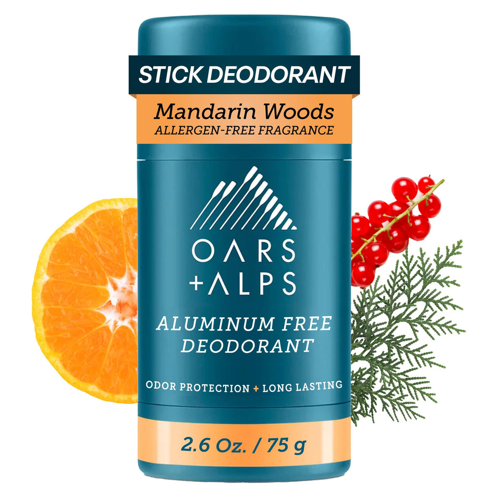 Oars + Alps Mandarin Woods deodorant bottle pack shot showing clear, residue-free wear