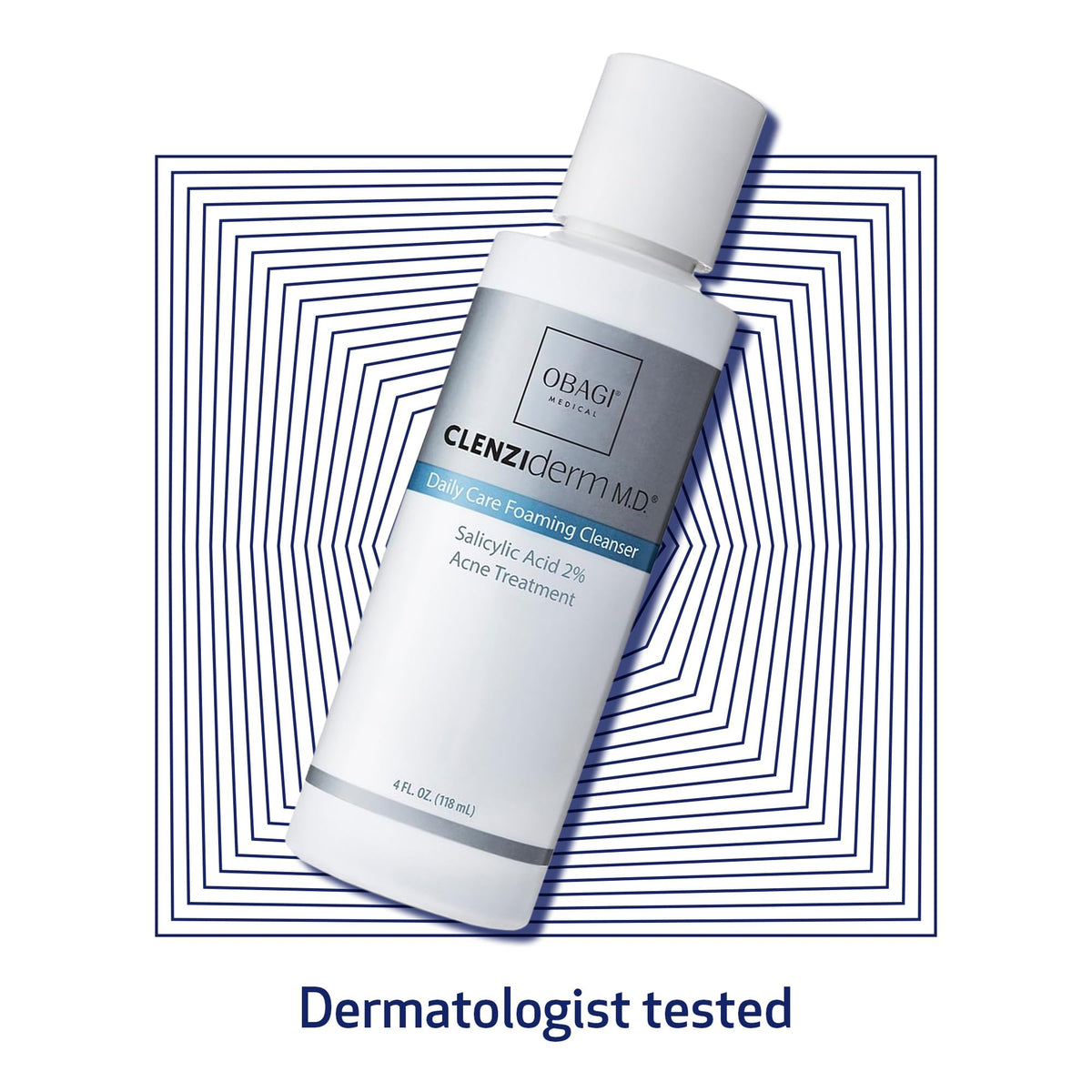 Obagi CLENZIderm M.D. cleanser on bathroom shelf.