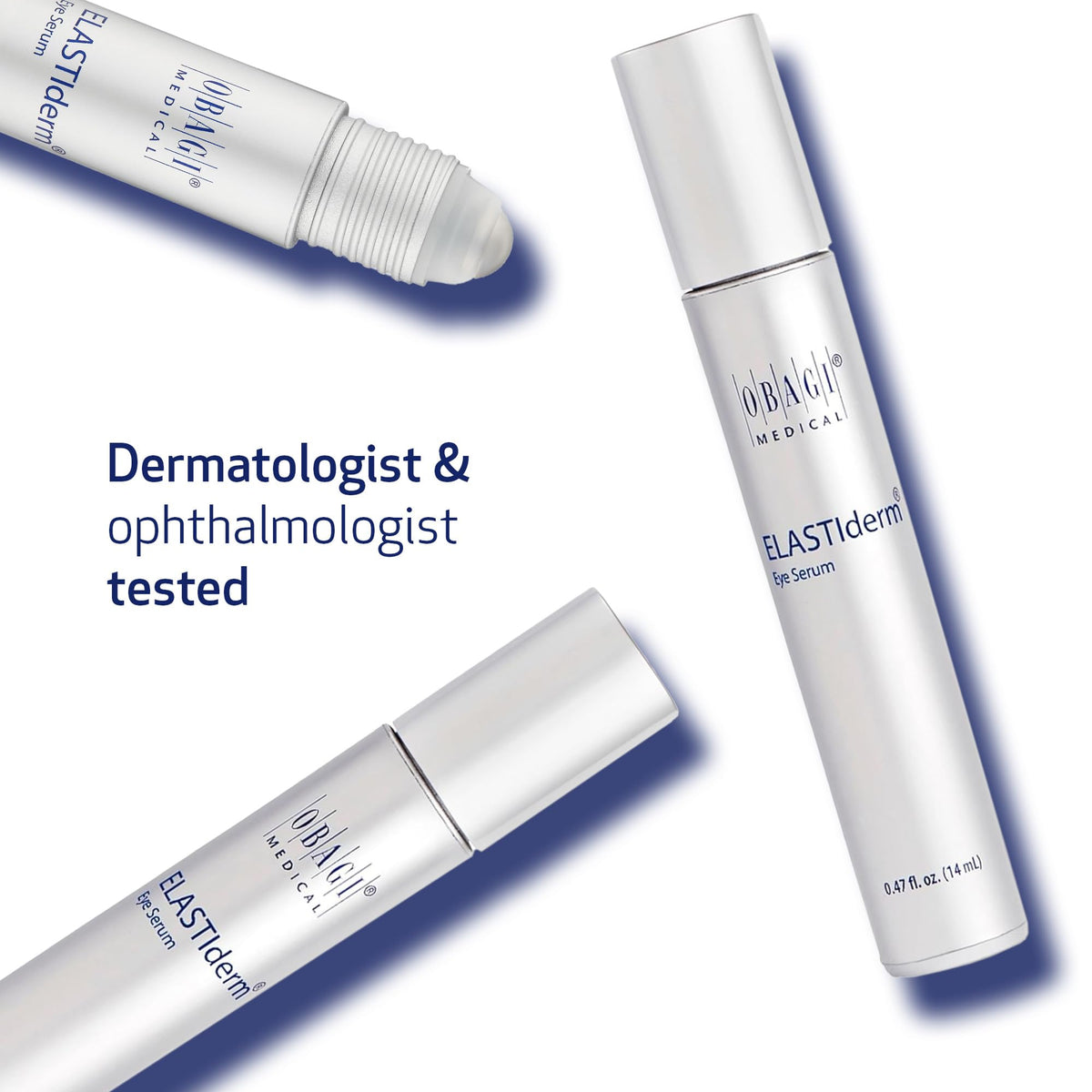 Dermatologist-tested Obagi ELASTIderm Eye Serum badge on packaging