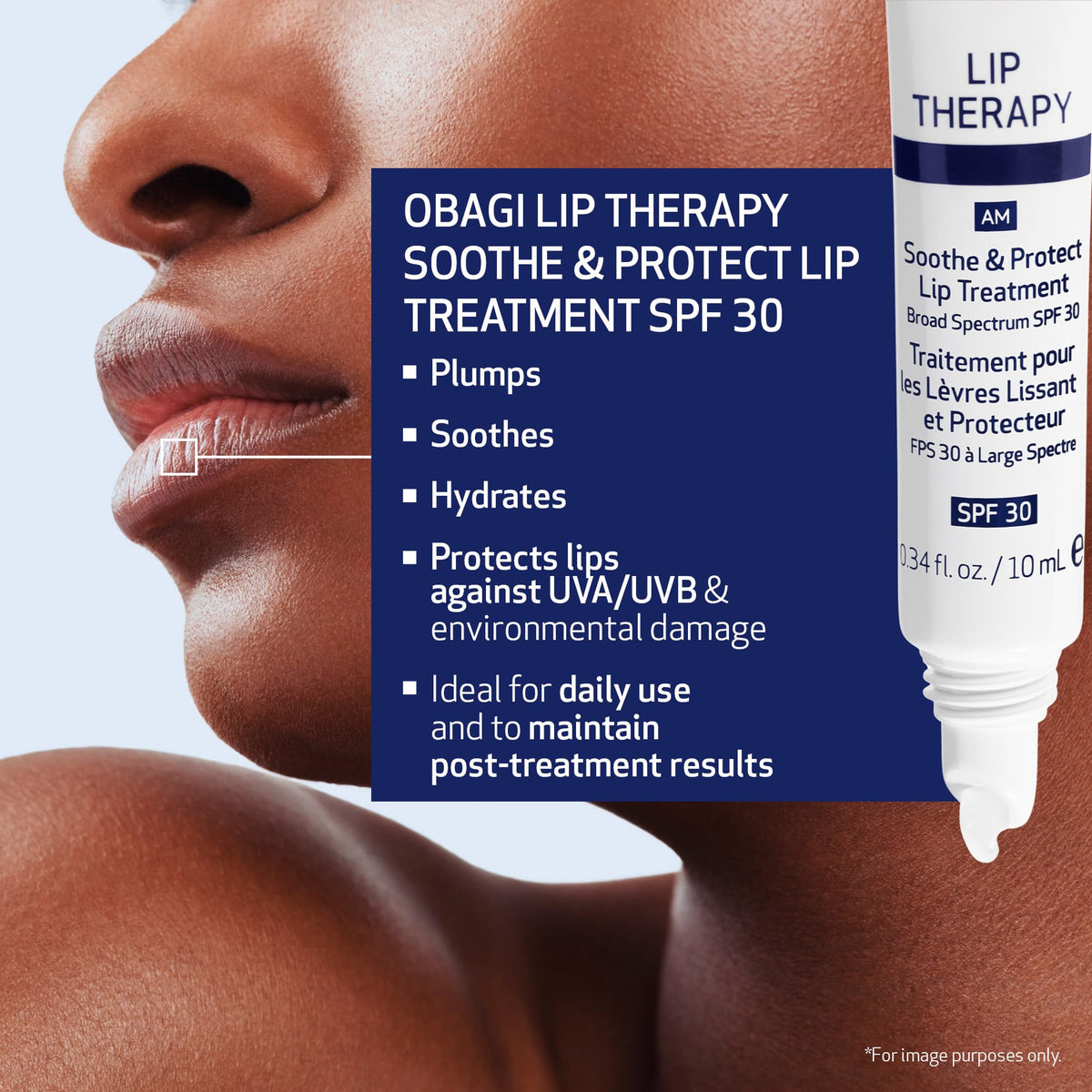 Obagi Lip Therapy SPF 30 balm on lips delivering smooth hydration
