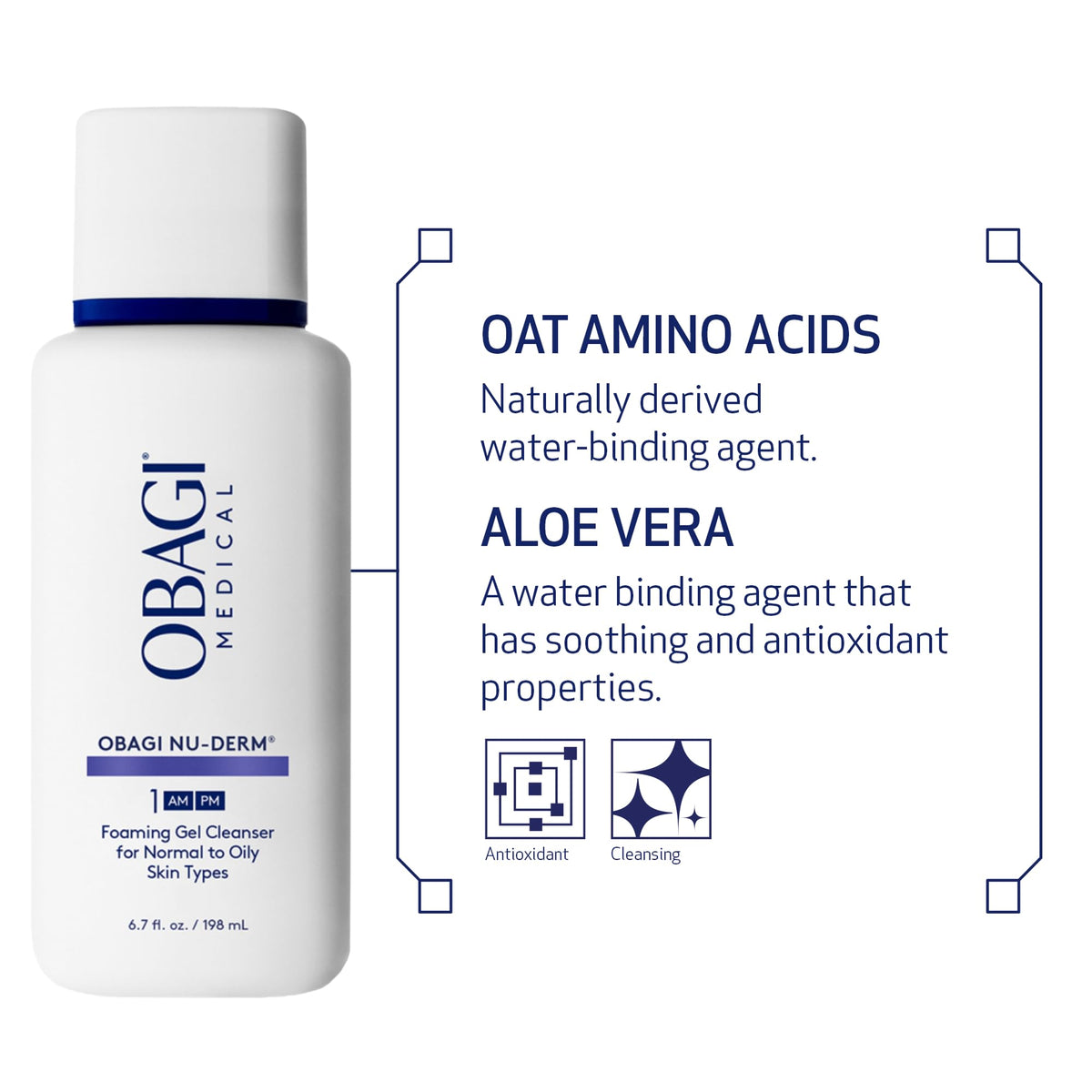 Obagi Nu-Derm Foaming Gel highlights Aloe Vera and oat amino acids for gentle skin care.